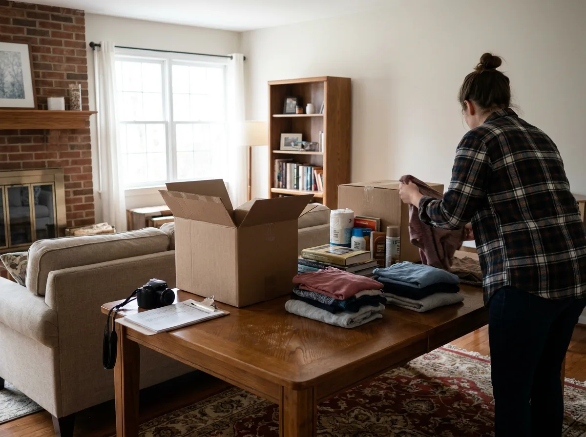 Household items and clothing arranged on a table with clipboard and camera for donation documentation