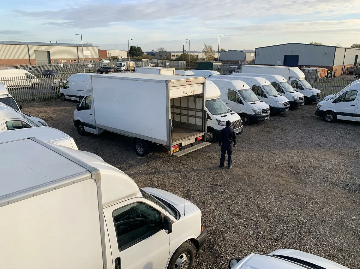 White commercial box trucks and cargo vans parked in fleet yard at sunset, one with open rear door