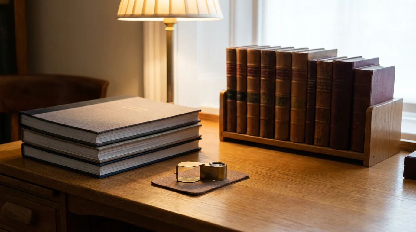 Wooden desk with stacked reports, jeweler's loupe, and leather-bound reference books