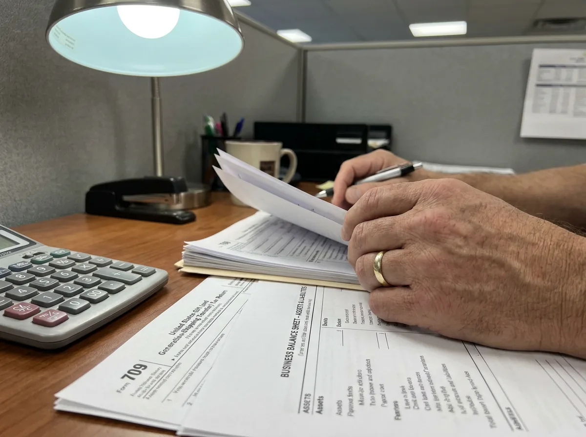 Hands reviewing IRS Form 709 and business balance sheets with calculator on desk