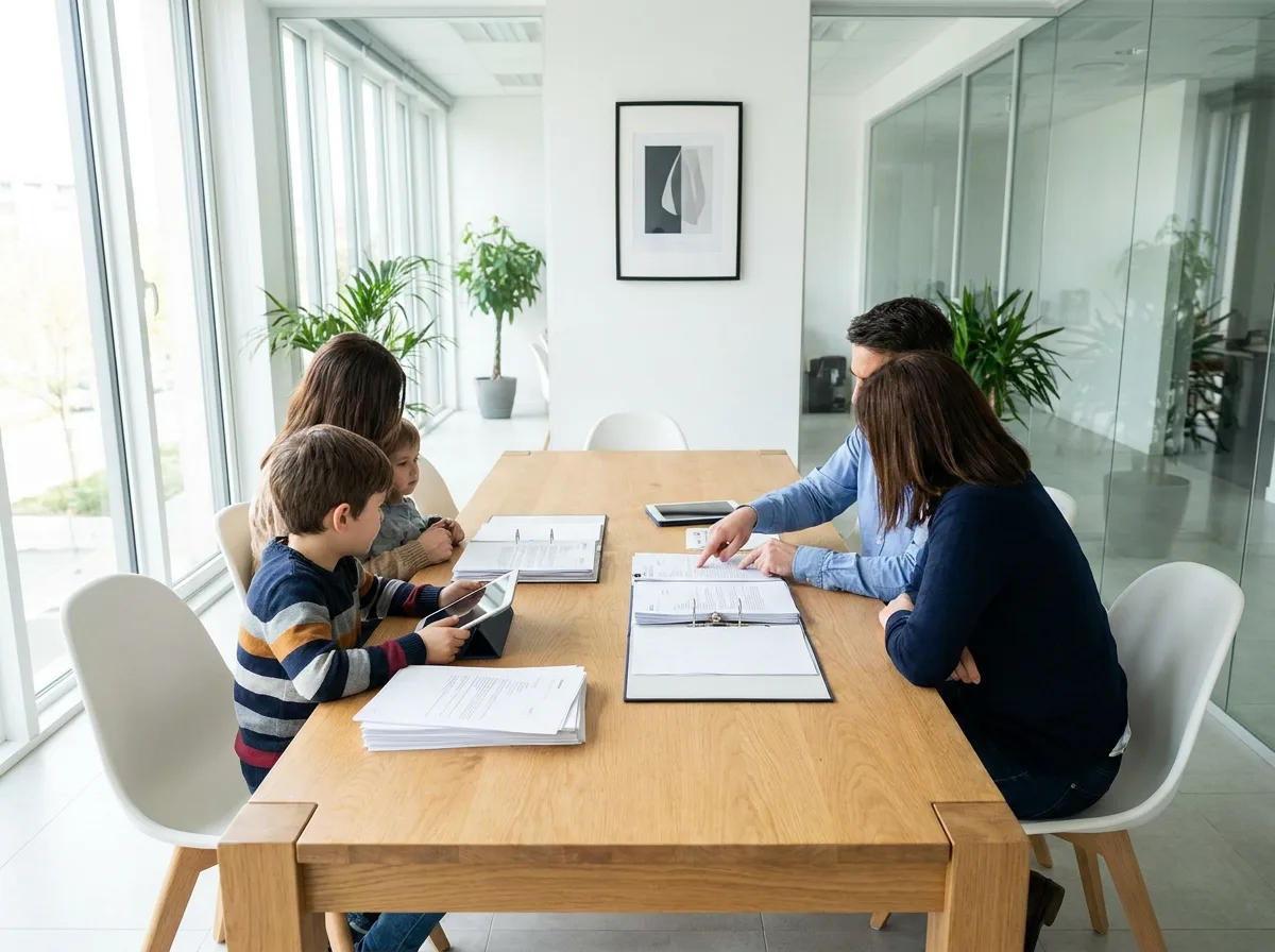 Family reviewing documents together at wooden table in modern office
