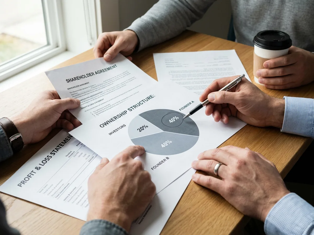 Hands reviewing financial documents and pie chart on desk showing business ownership breakdown