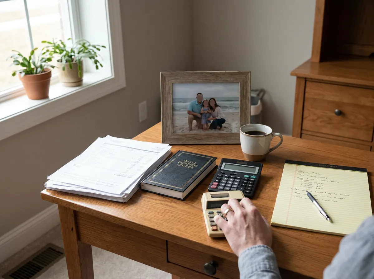 Family lawyer's desk with financial documents, calculator, and business ledger in natural light