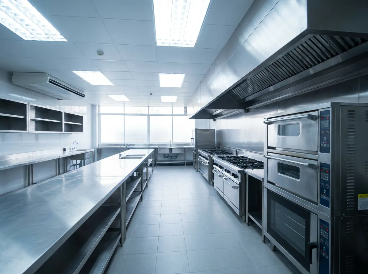 Stainless steel commercial kitchen with ranges, ovens, and prep stations under bright lighting