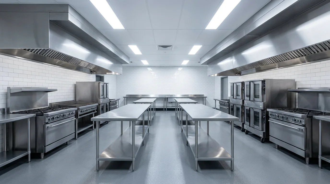 Commercial kitchen interior with stainless steel ranges, ovens, and prep stations under bright lighting