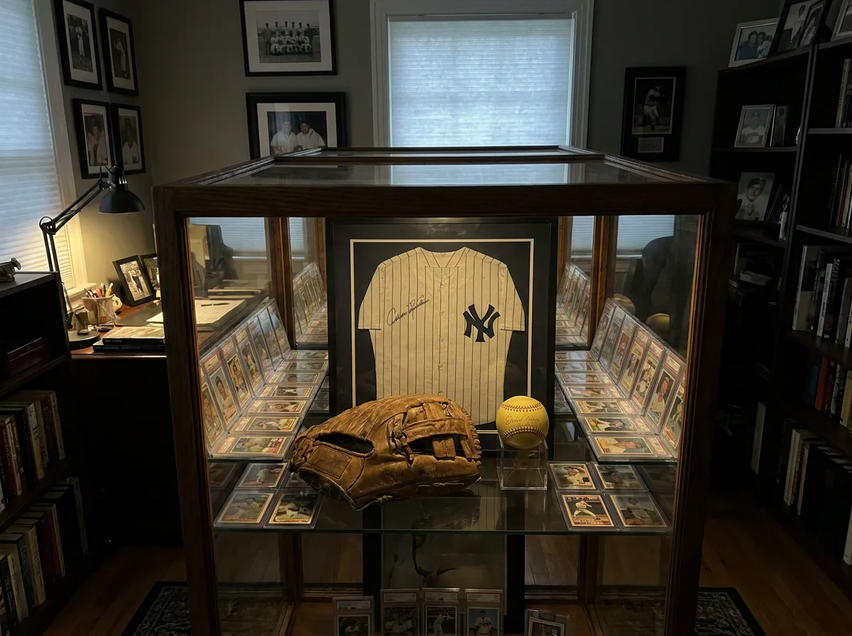 Glass display case with signed baseball, autographed jersey, trading cards, and vintage baseball glove