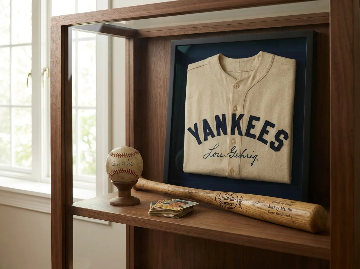 Signed baseball, autographed jersey, vintage trading cards, and game-used bat displayed on wooden shelf