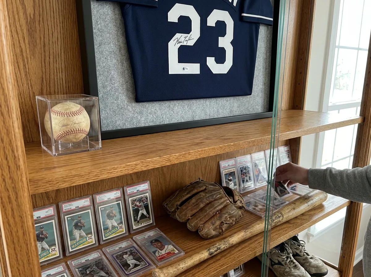 Display case with signed baseball, autographed jersey, trading cards, and game-used equipment on wooden shelf