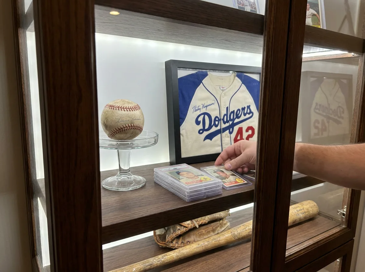 Signed baseball, autographed jersey in frame, trading card stack, and game-used equipment on wooden shelf