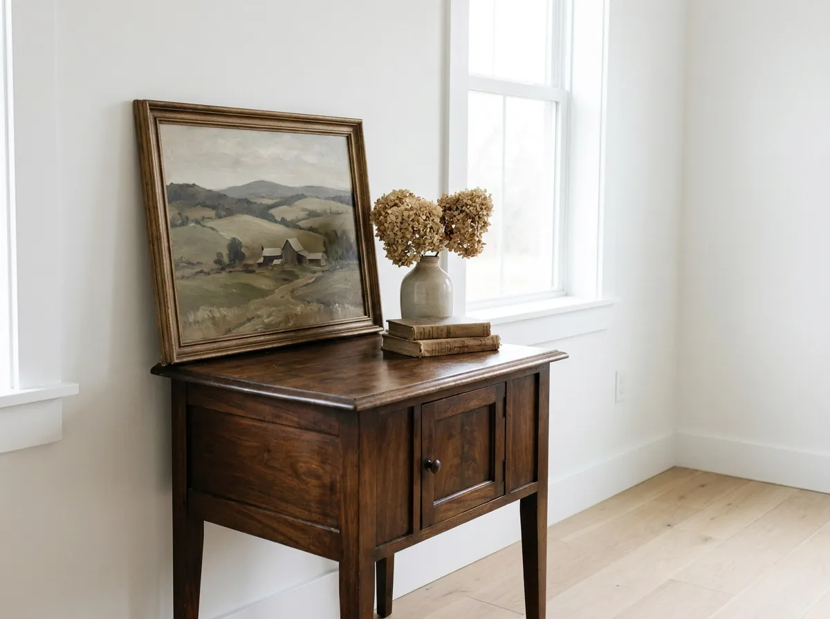 Framed oil painting displayed on antique wooden side table in bright minimalist room