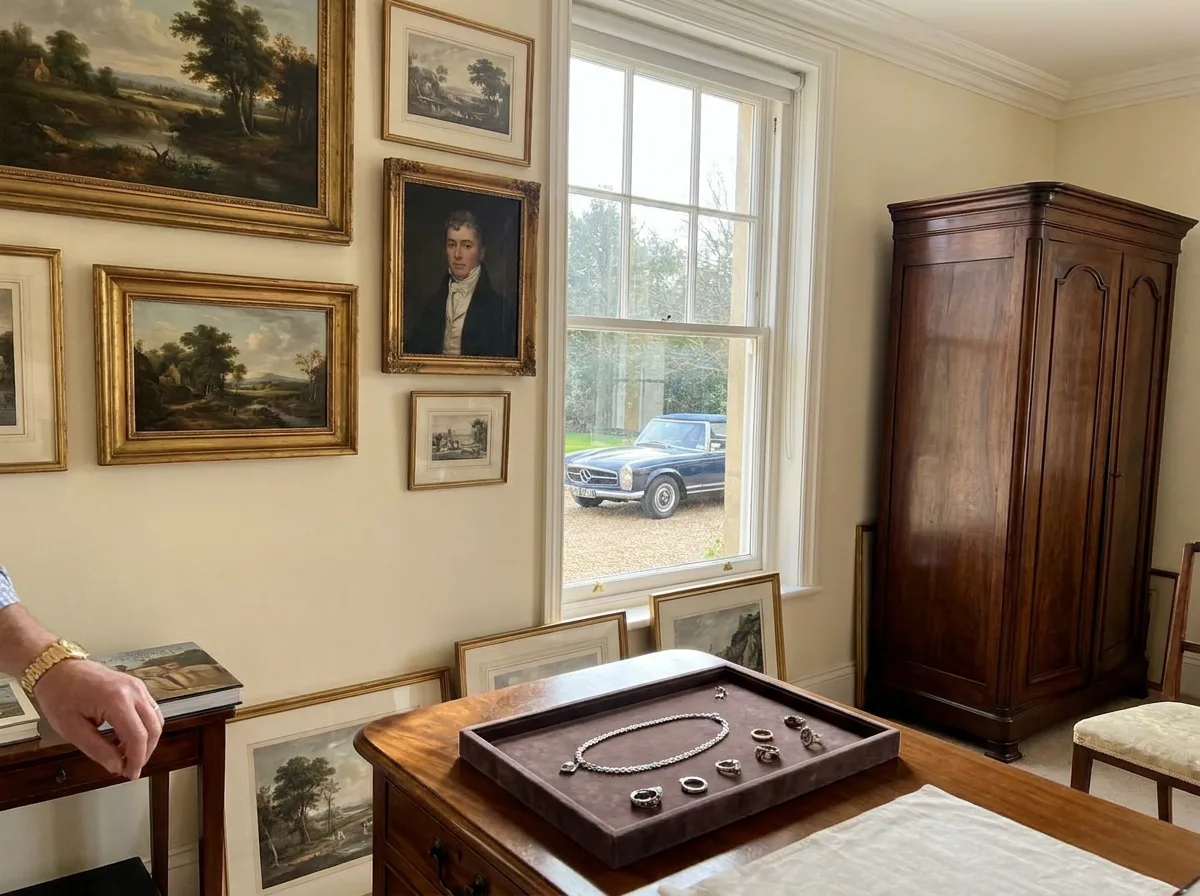 Estate items displayed in bright room: framed artwork, jewelry on velvet tray, wooden armoire, and classic car visible through window