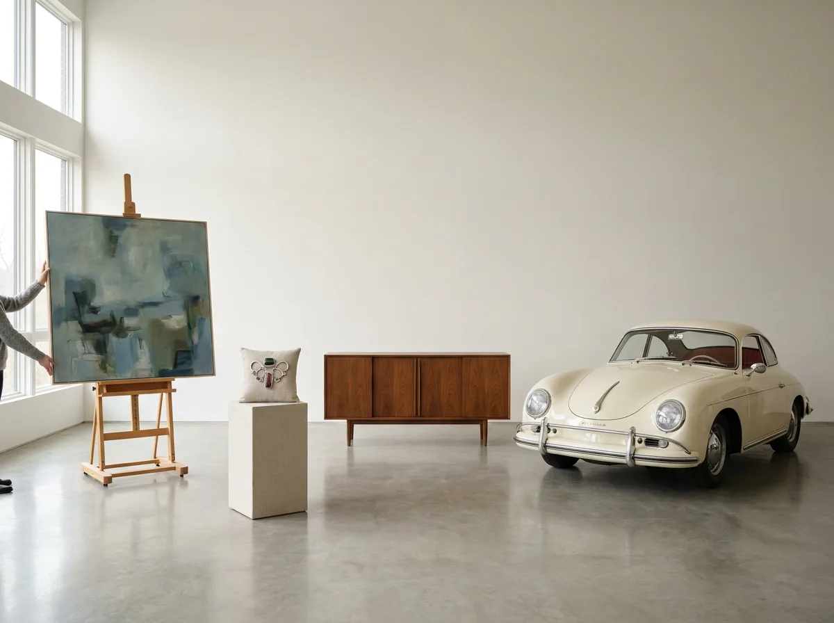 Four valuable items arranged on neutral background: fine art painting, jewelry piece, wooden furniture, and classic car