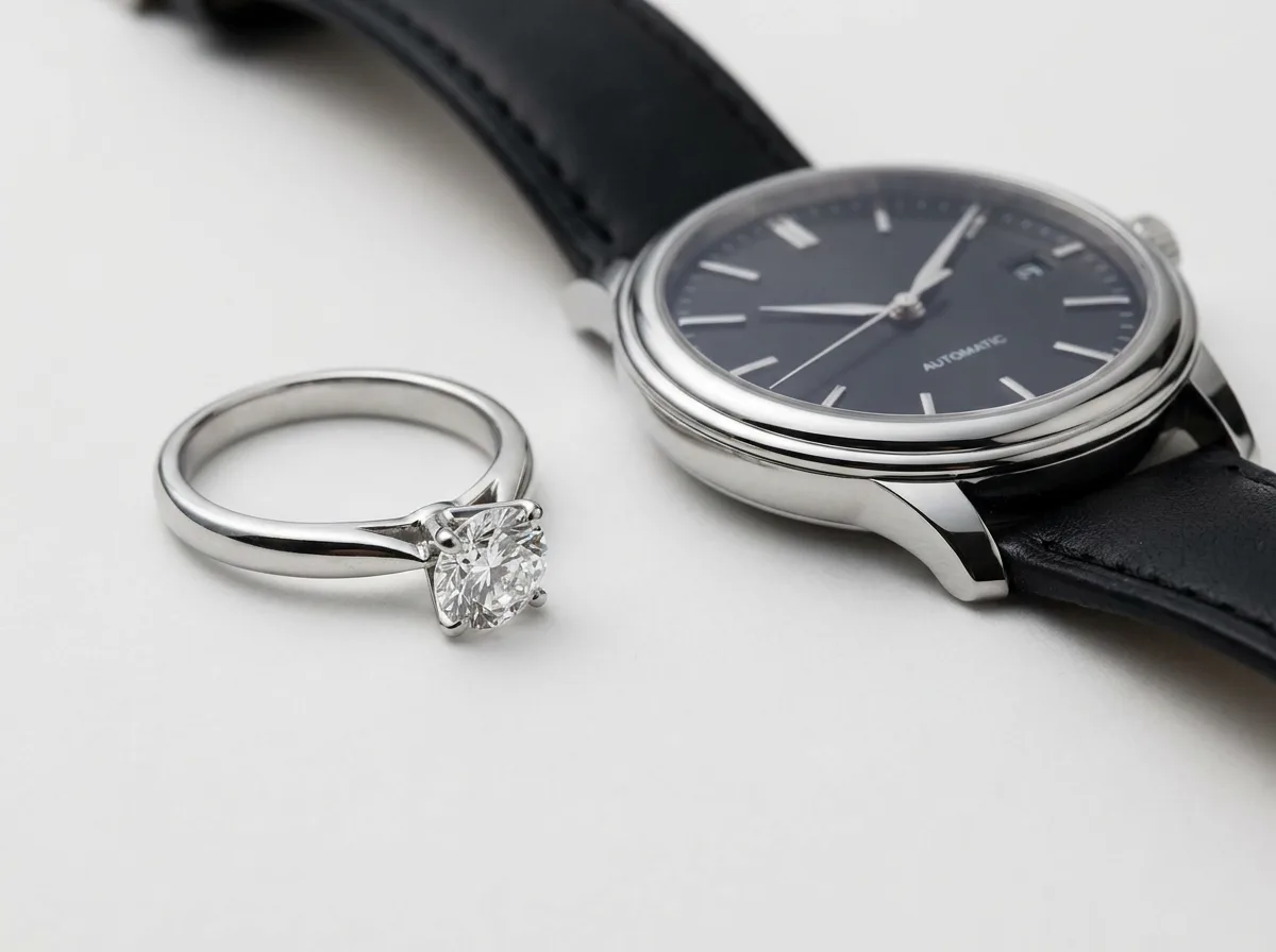 Diamond ring and luxury wristwatch on white surface