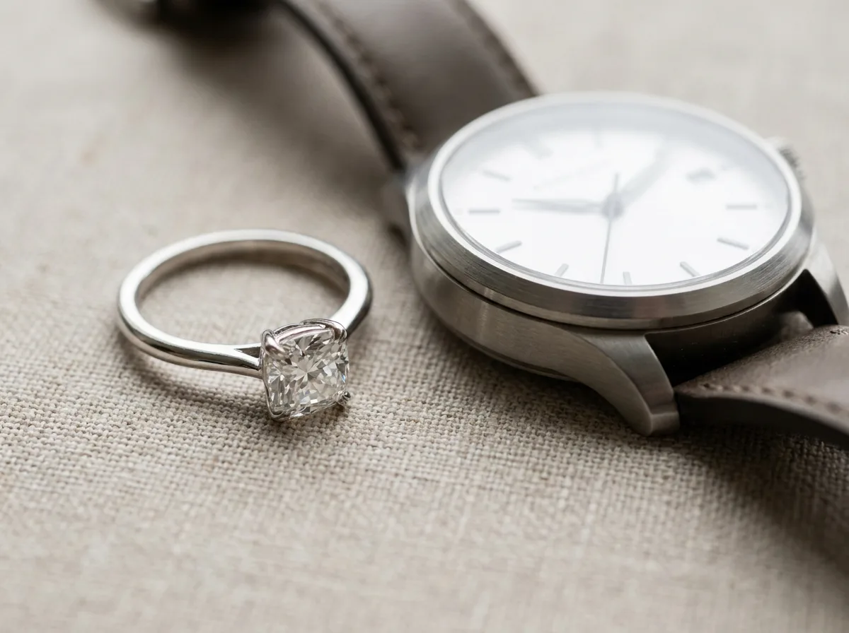 Diamond ring and luxury wristwatch arranged on neutral surface for appraisal