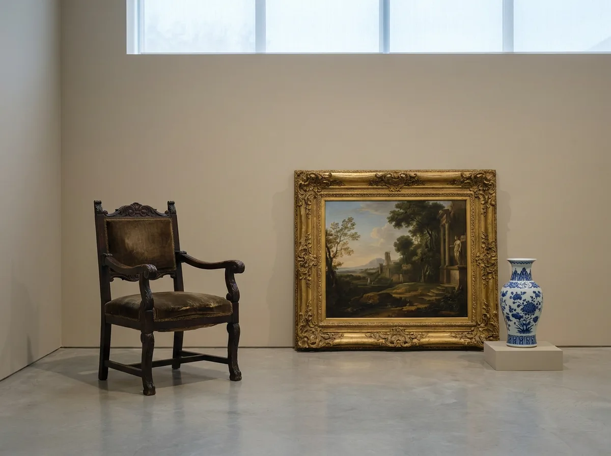 Antique wooden frame painting, porcelain vase, and carved wood chair displayed in gallery corner