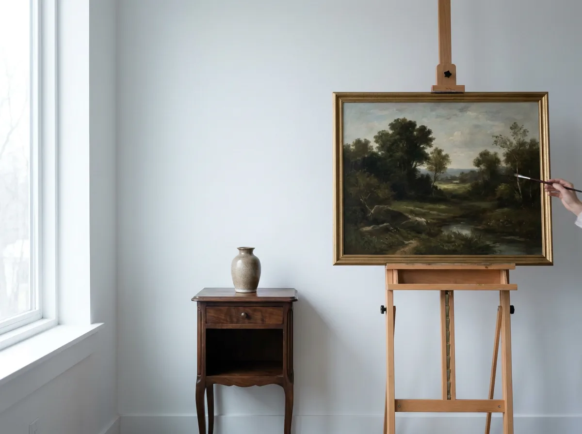 Framed oil painting on easel next to antique wooden side table in bright room with natural window light