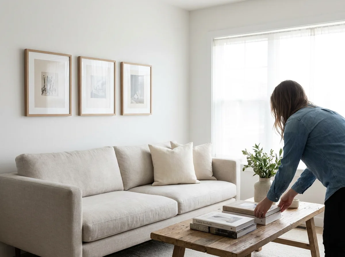Bright living room with beige sofa, wooden coffee table, and framed wall art in natural daylight