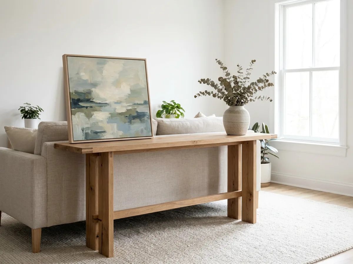 Wooden sofa table with framed painting and ceramic vase in bright living room