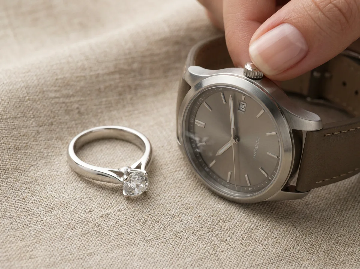 Diamond ring and luxury wristwatch on neutral fabric with studio lighting