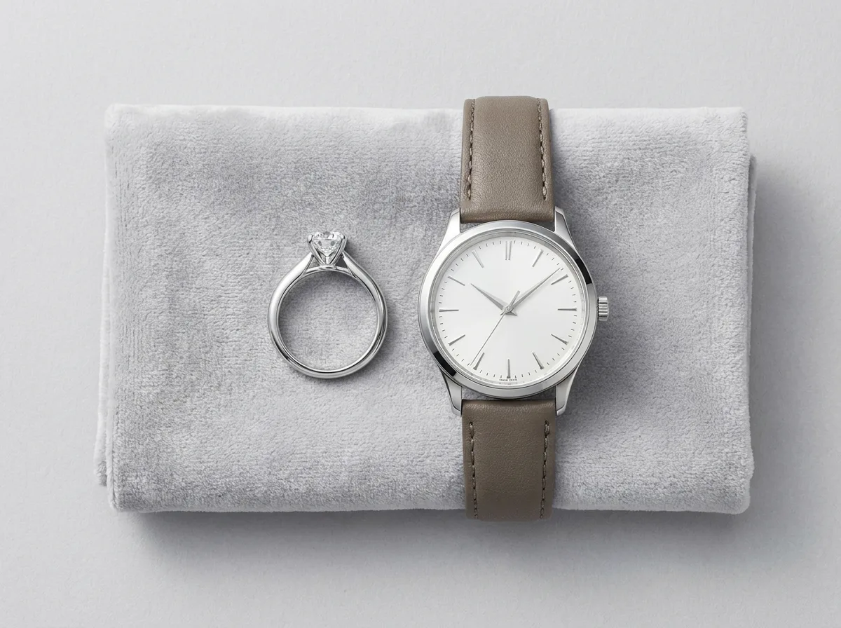 Diamond ring and wristwatch displayed on gray cloth under studio lighting