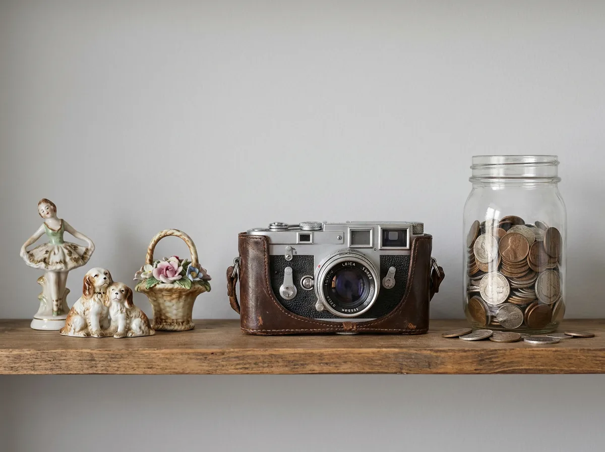Vintage collectibles on shelf including porcelain figurines, classic camera, and coins under soft lighting