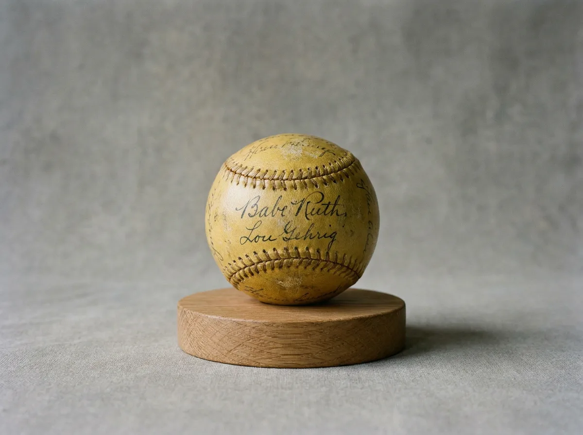 Vintage autographed baseball on wooden stand against neutral background
