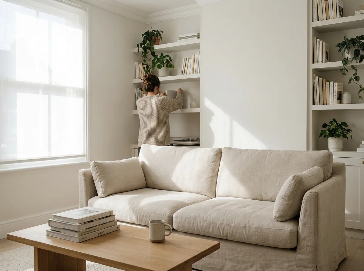 Living room with sofa, coffee table, and shelves illuminated by natural window light