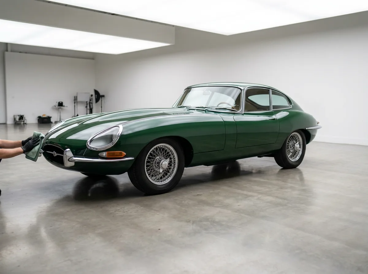 Classic car with polished exterior in bright studio setting