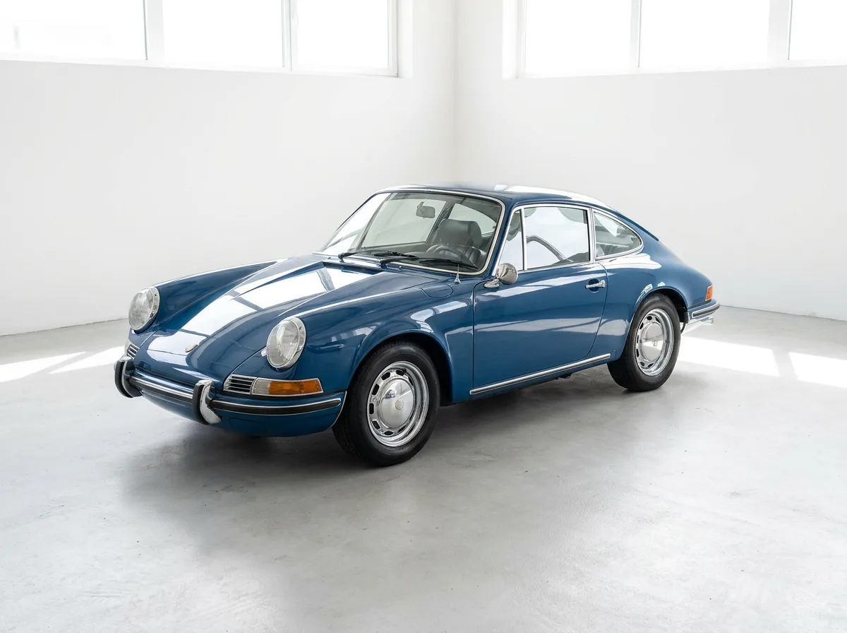 Classic car with polished exterior in bright studio setting