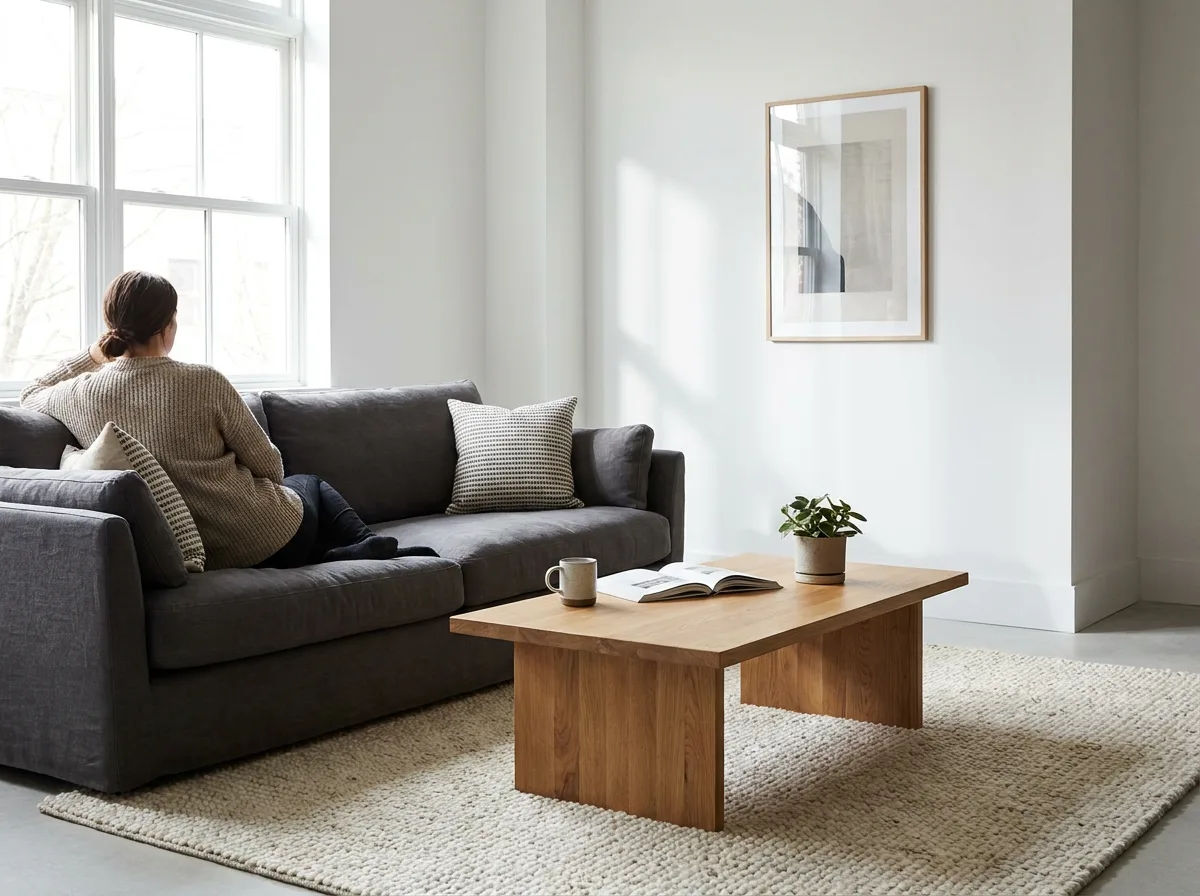 Modern living room with gray sofa, wooden coffee table, and neutral area rug