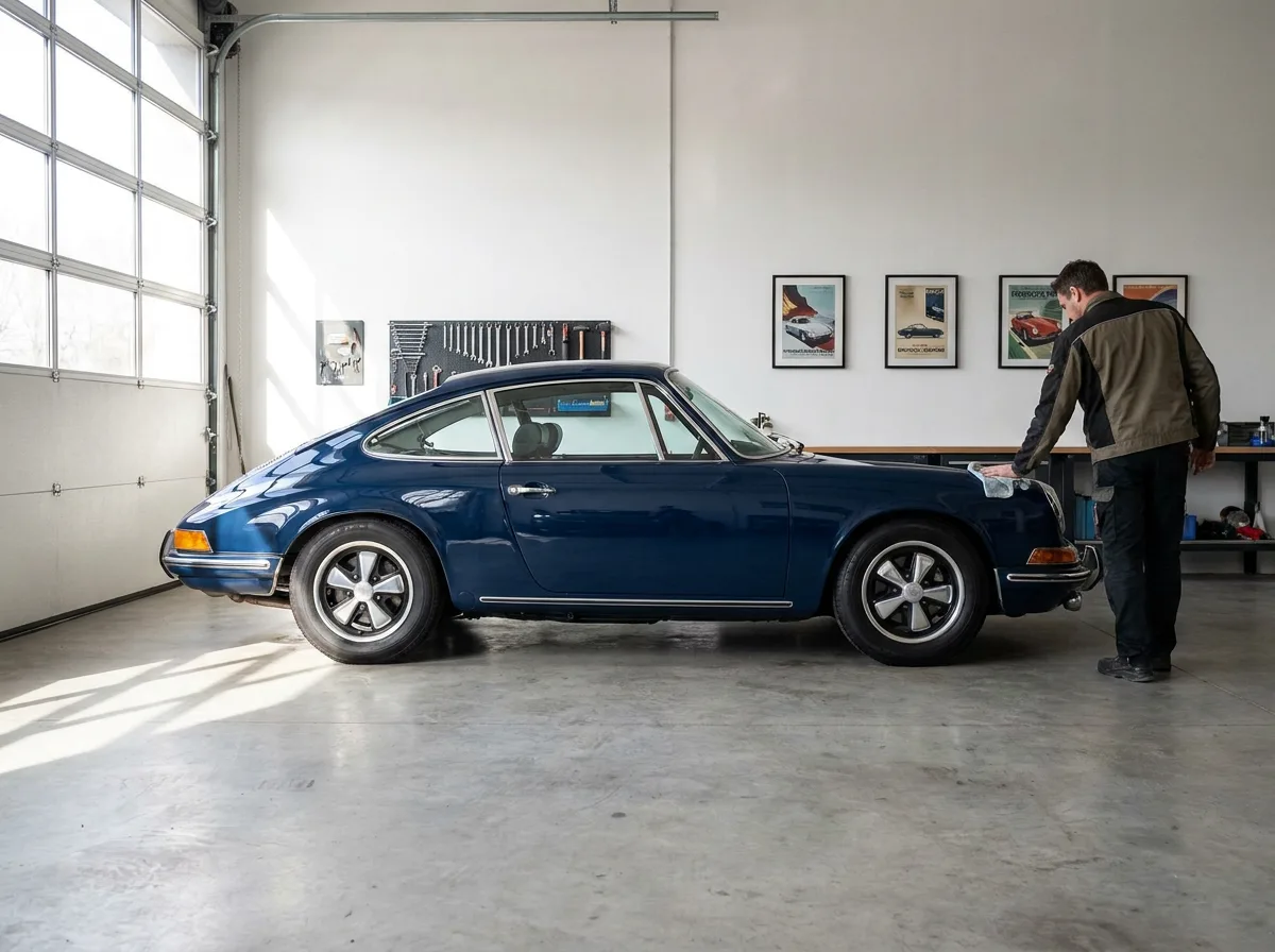 Classic car with polished exterior parked in bright garage