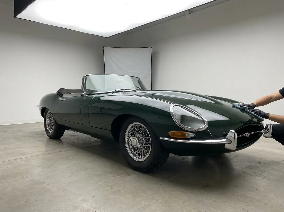 Classic car displayed in studio garage with polished exterior under soft lighting