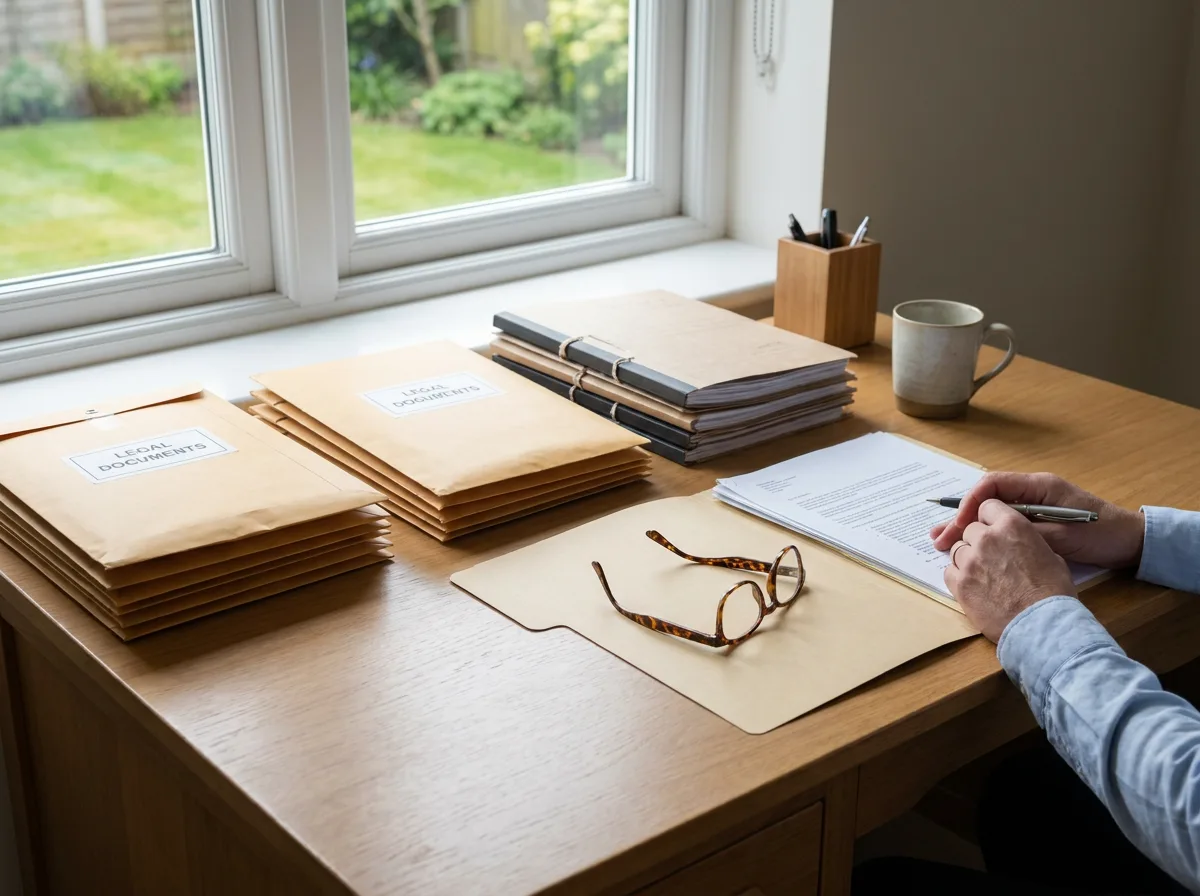 Neat stack of legal documents with open folder and reading glasses on desk by window