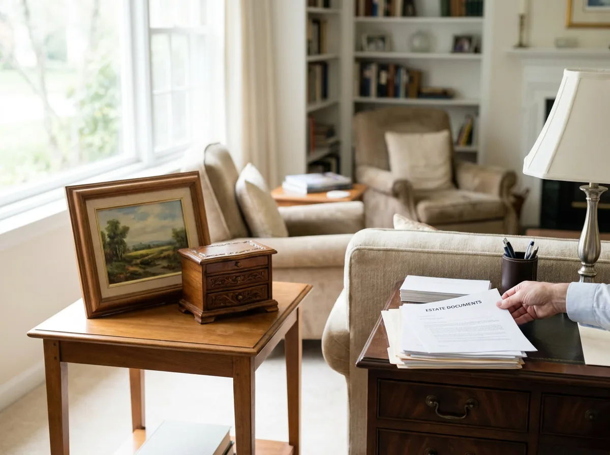 Well-lit room with furniture, side table with framed painting and jewelry box, desk with stack of estate documents
