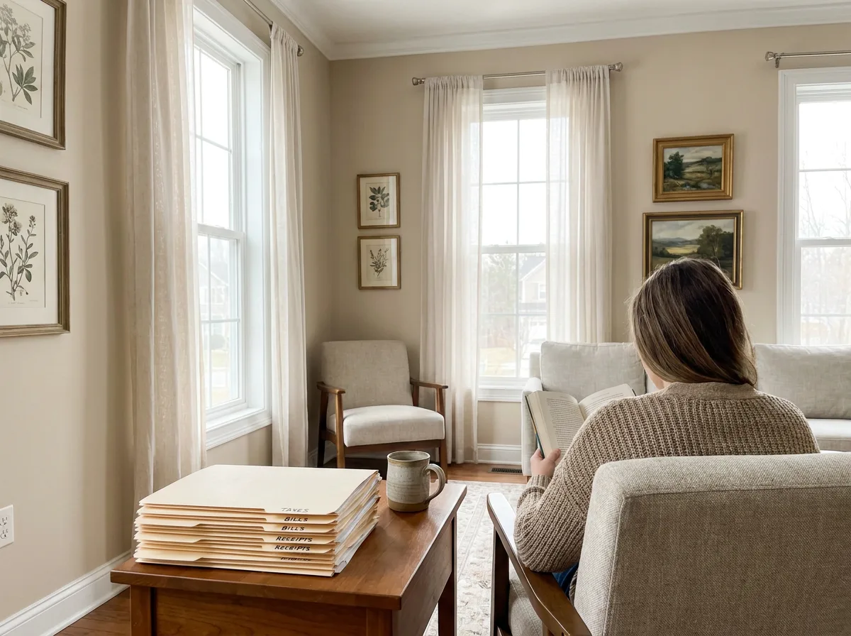 Organized living room with framed artwork, furniture, and labeled document folders on side table