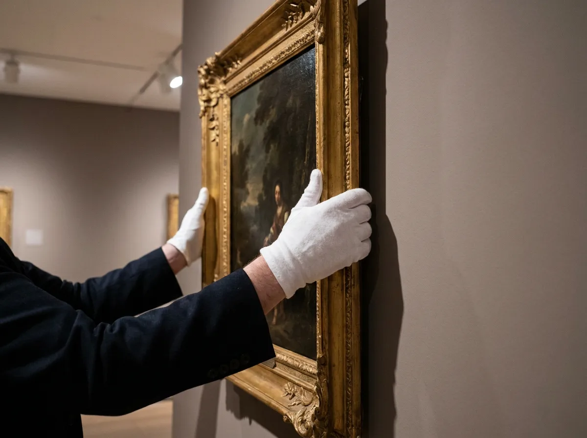 Gloved hands adjusting an ornate gold-framed painting on a gallery wall