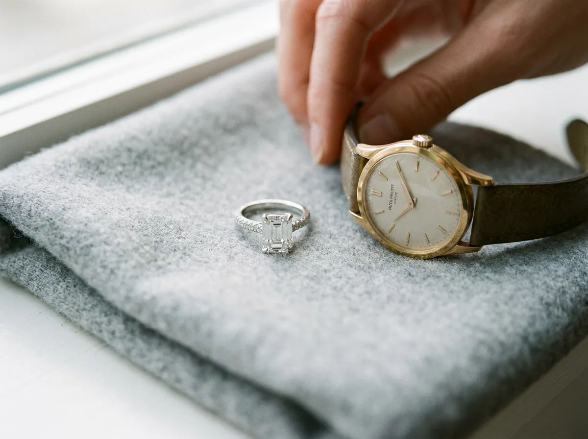 Diamond ring and wristwatch displayed on gray cloth