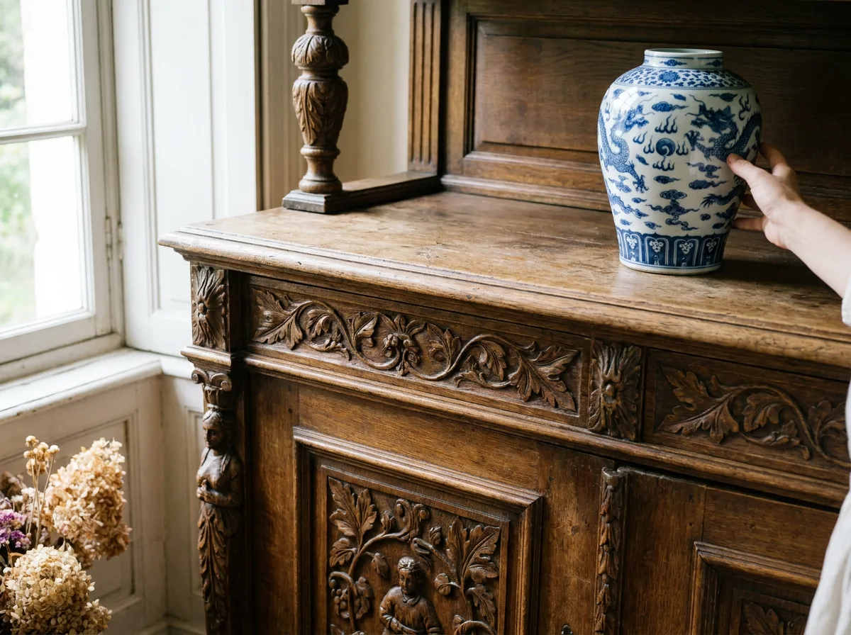 Antique wooden cabinet with ornate carved details and porcelain vase in natural daylight
