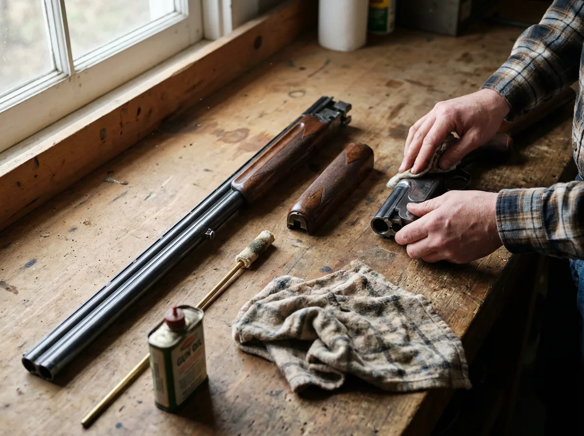 Gun cleaning supplies and disassembled shotgun on wooden workbench