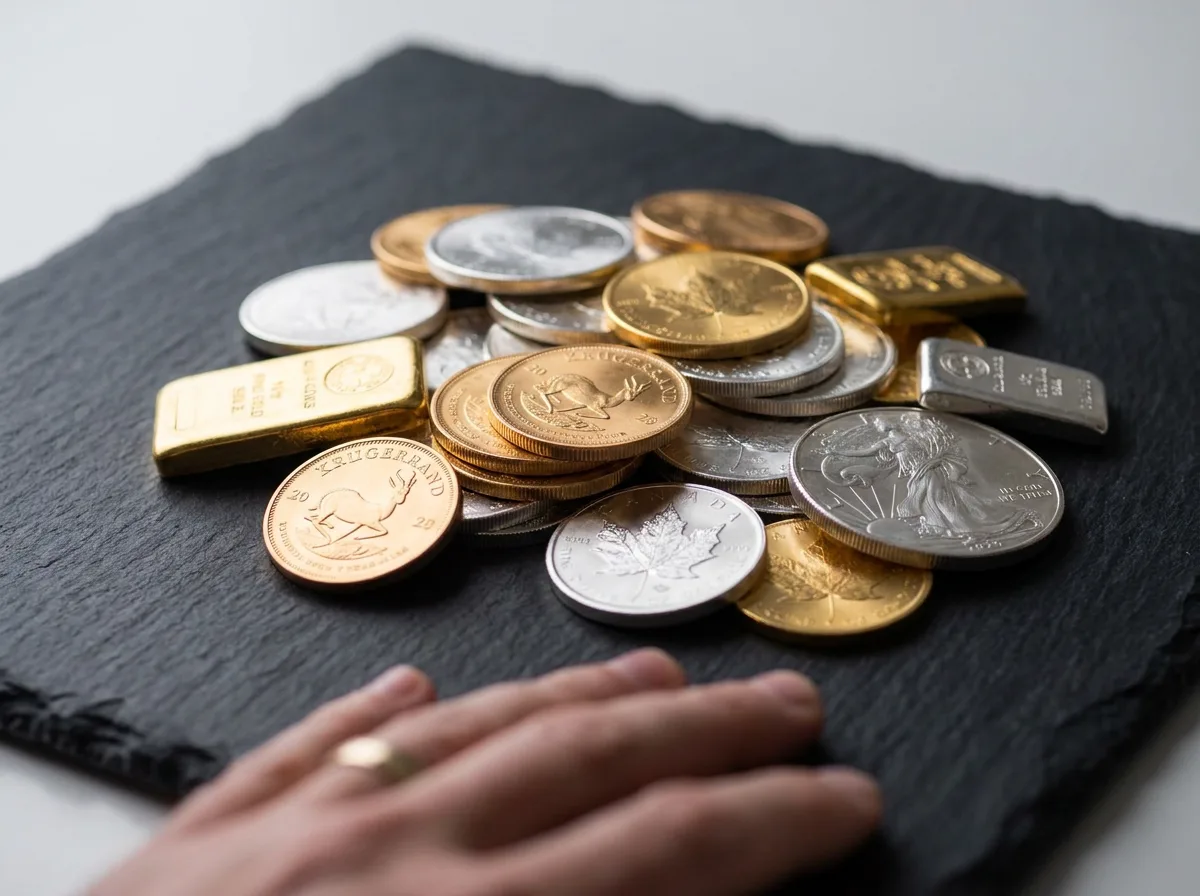 Stacked gold and silver coins and bullion bars on dark slate with studio lighting