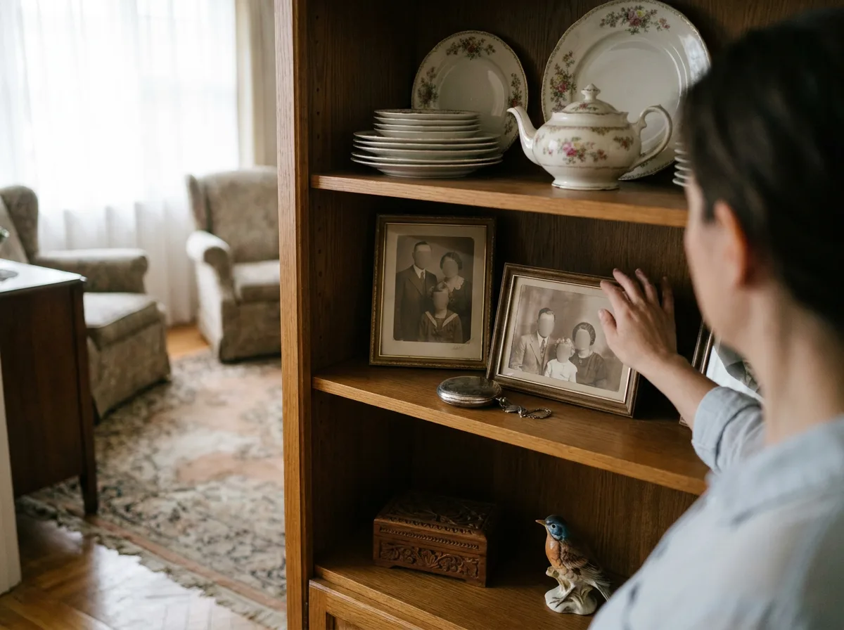 Shelving unit with arranged vintage china, framed family photographs, and decorative keepsakes in natural light