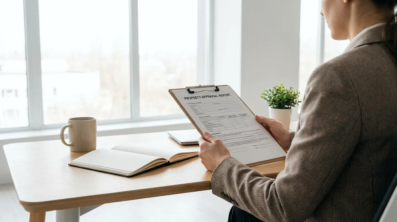 Professional appraiser reviewing report on clipboard at desk in bright office