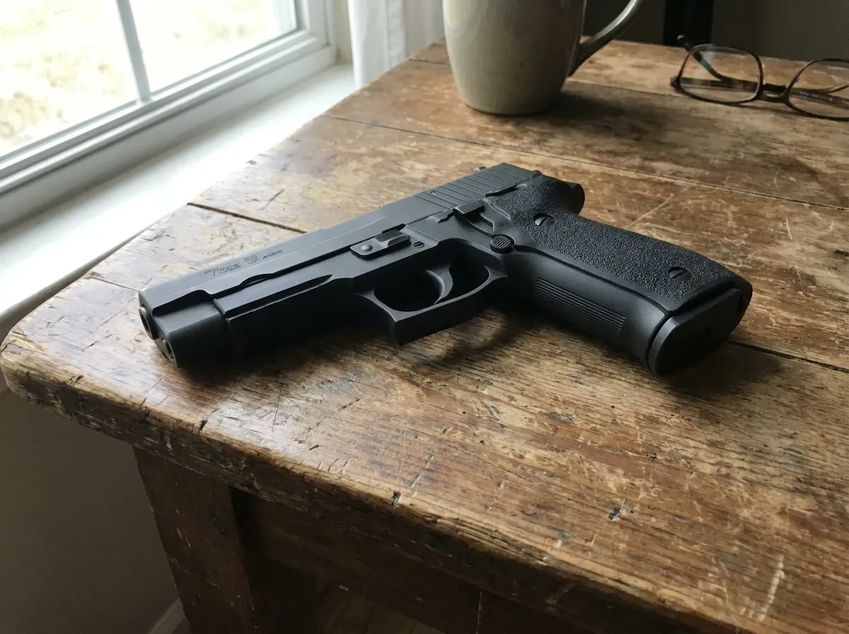 Black handgun on rustic wooden table with natural window light