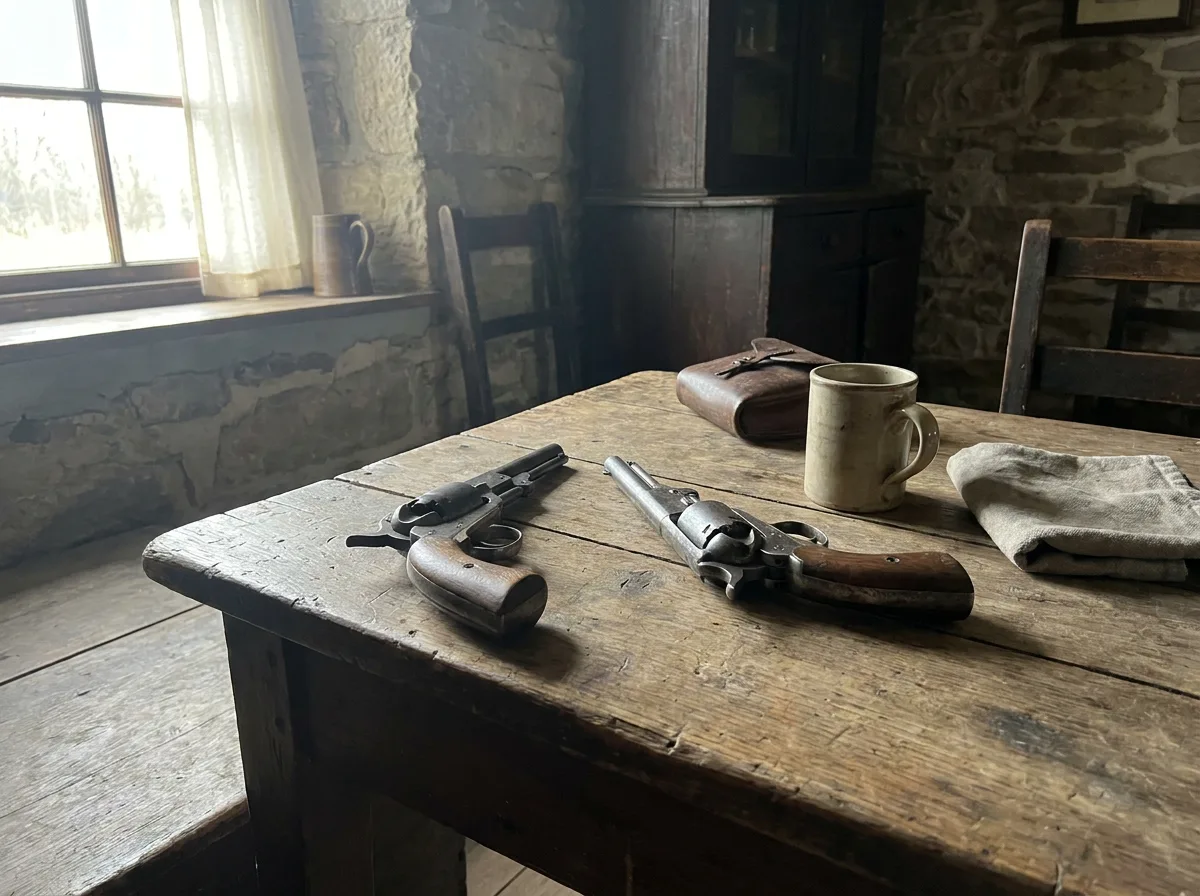 Pair of revolvers on rustic wooden table with natural window light