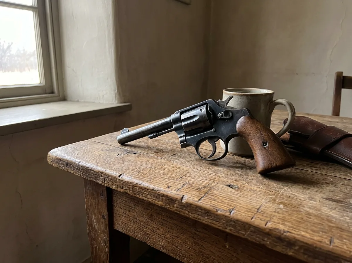 Revolver on weathered wooden table with natural window light
