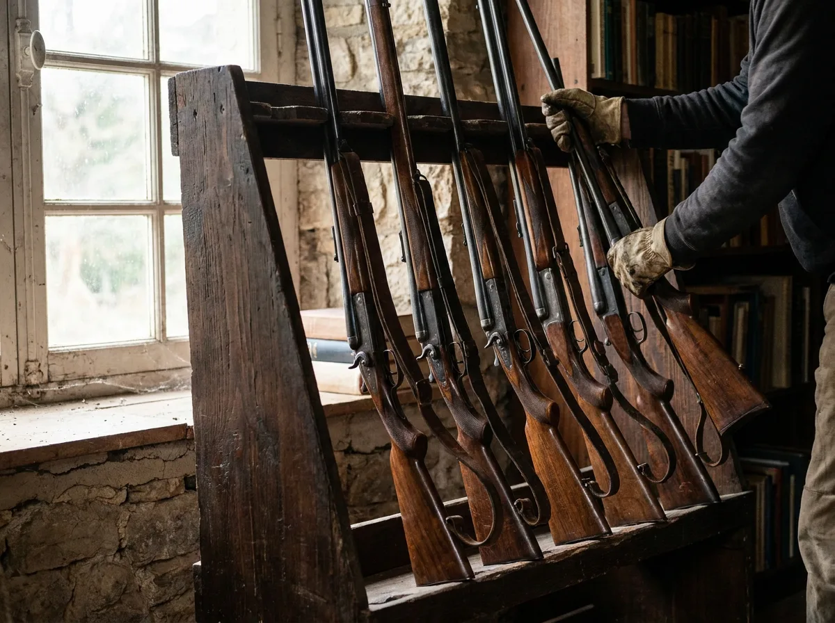 Weathered wooden gun rack with rifles illuminated by natural window light
