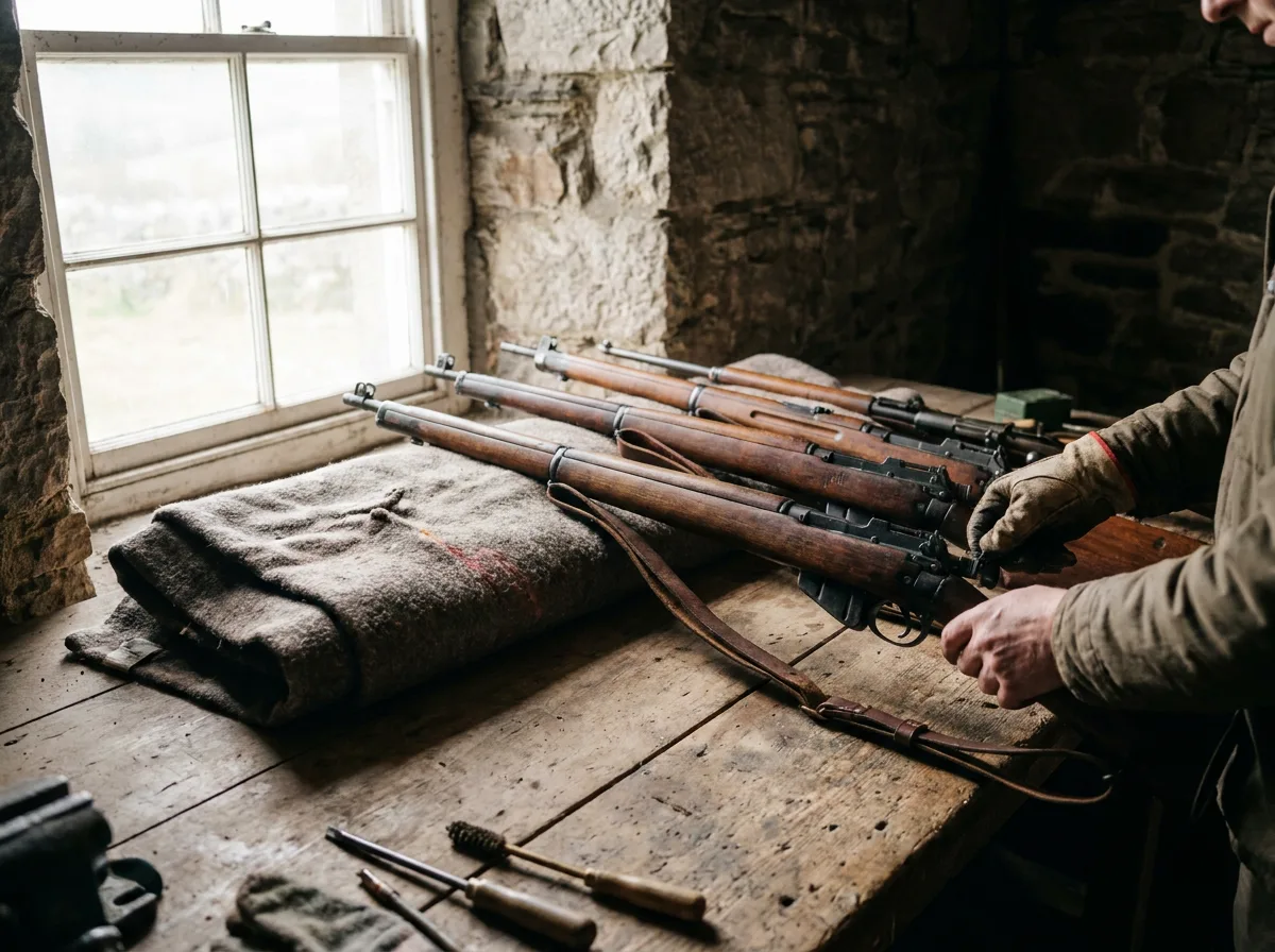 Rifles arranged on rustic wooden table in natural daylight