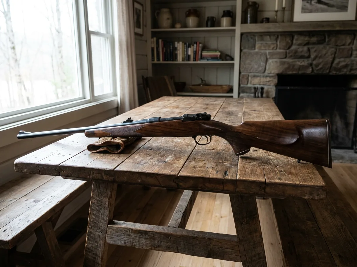 Polished wooden hunting rifle on rustic wooden table with natural window light