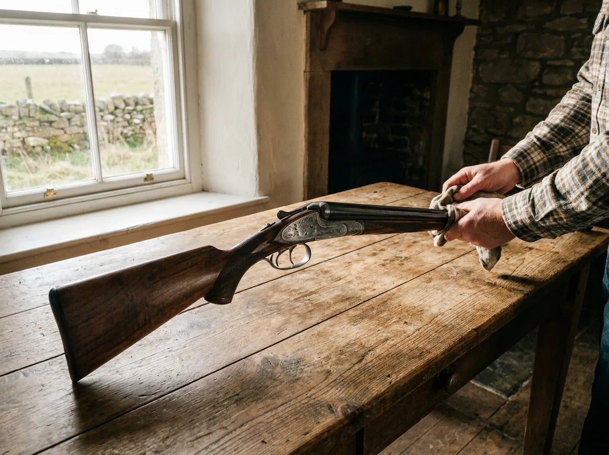 Double-barrel shotgun on rustic wooden table by window with natural light