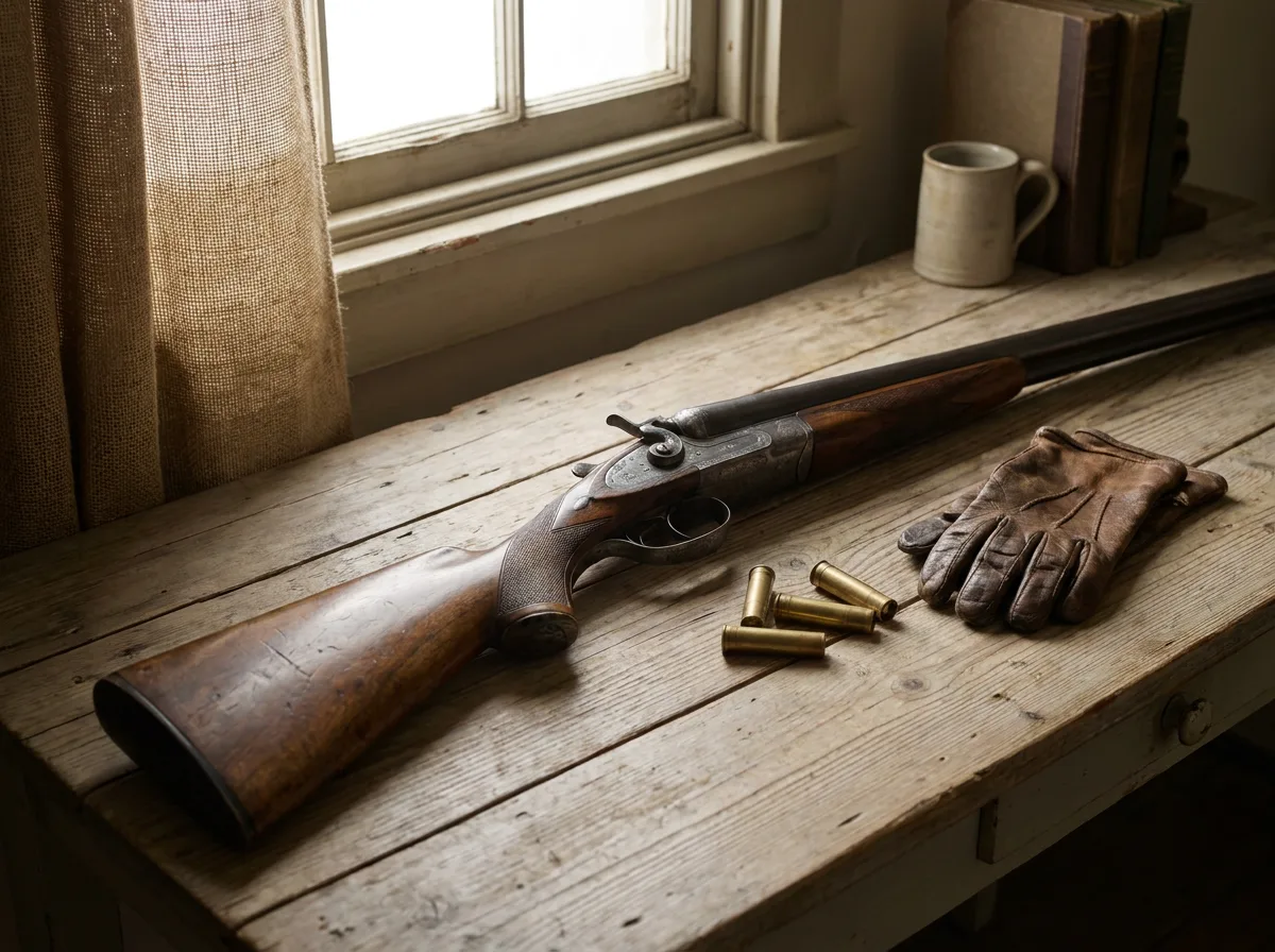 Double-barrel shotgun on wooden table in natural light